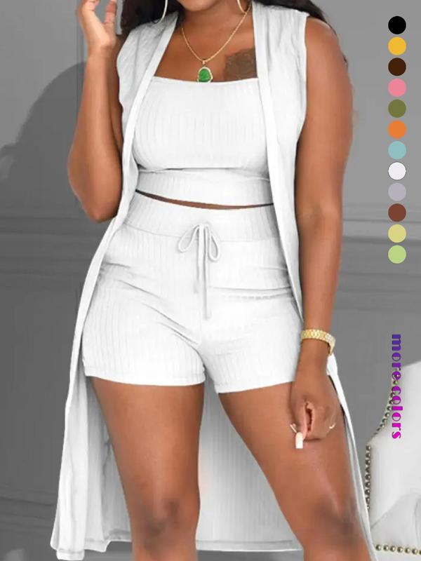 Three-Piece Set Women's Solid Ribbed Co-ord Set, Casual Crop Tank Top & Drawstring Waist Shorts & Vest Coat Set for Daily Wear, Summer Clothes, Chic Women's Clothing