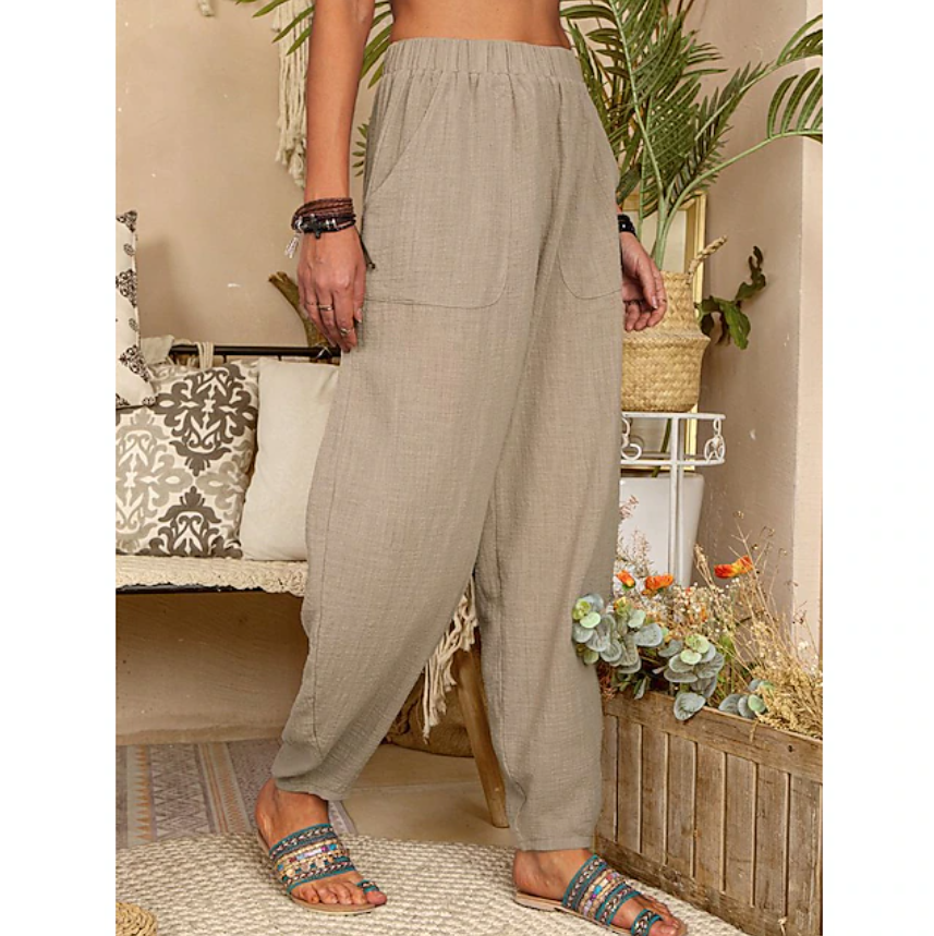 Women's Cotton Linen Pants Baggy Pants Harem Pants Comfort Solid Color Pocket Elastic Waist Causal