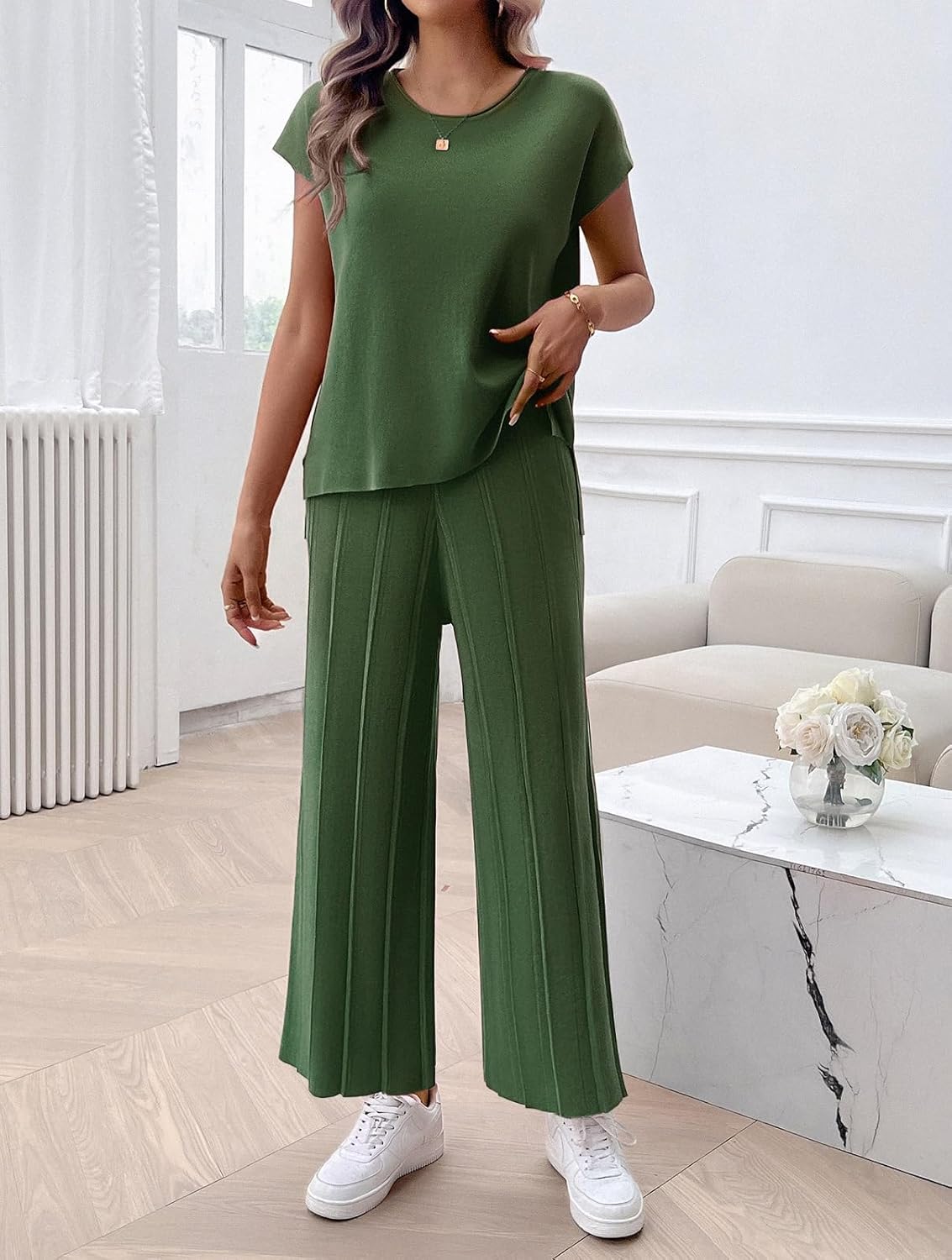 Womens 2 Pieces Lounge Sets Knit Sweater Sets Casual Cap Sleeve Tops with Wide Leg Pants Tracksuits
