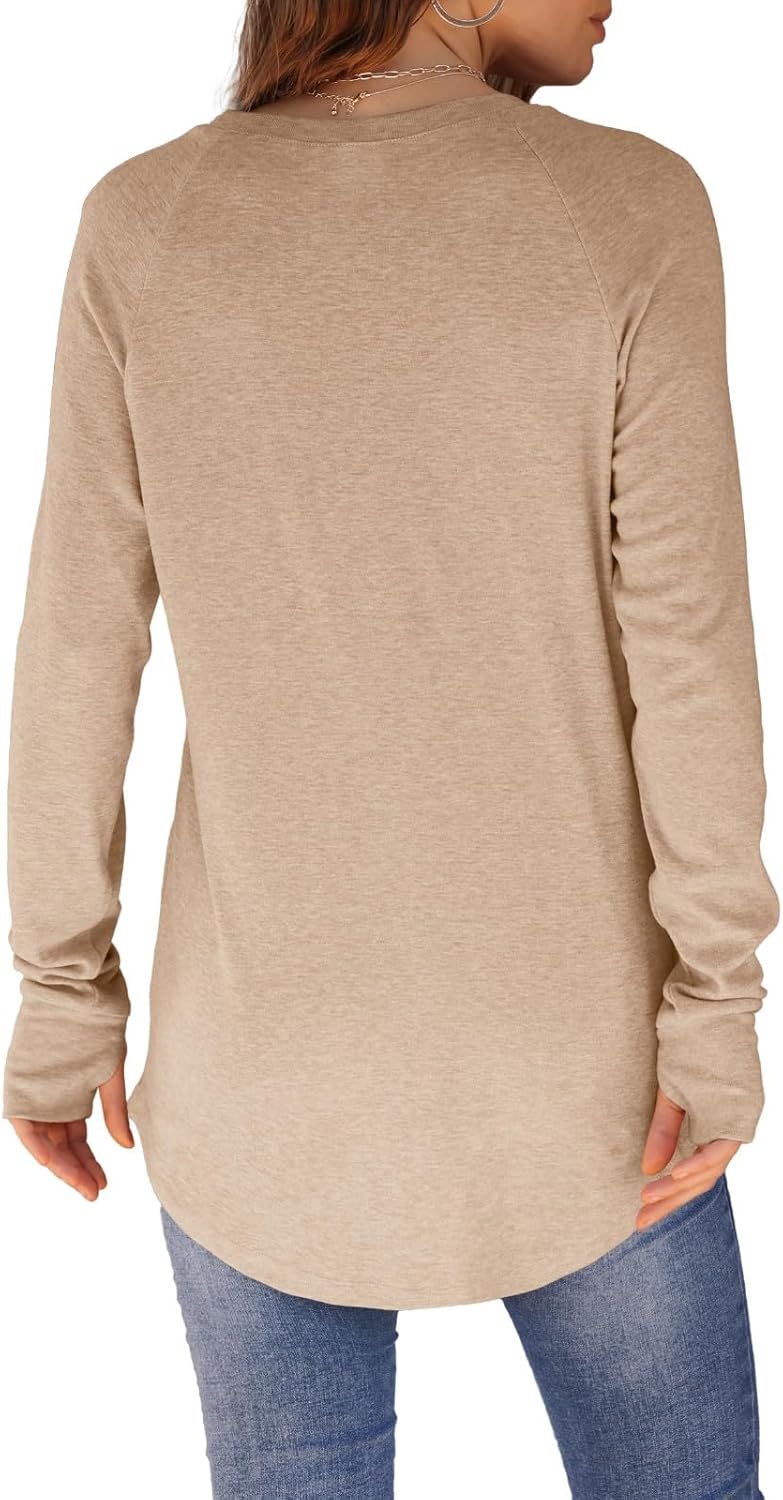 Womens Tunic Tops to Wear with Leggings Long Sleeve Thumb Hole Shirts Crew Neck Curved Hem Fall Winter Clothes
