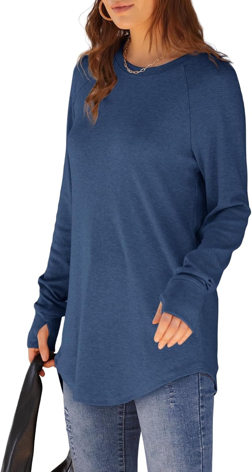 Womens Tunic Tops to Wear with Leggings Long Sleeve Thumb Hole Shirts Crew Neck Curved Hem Fall Winter Clothes