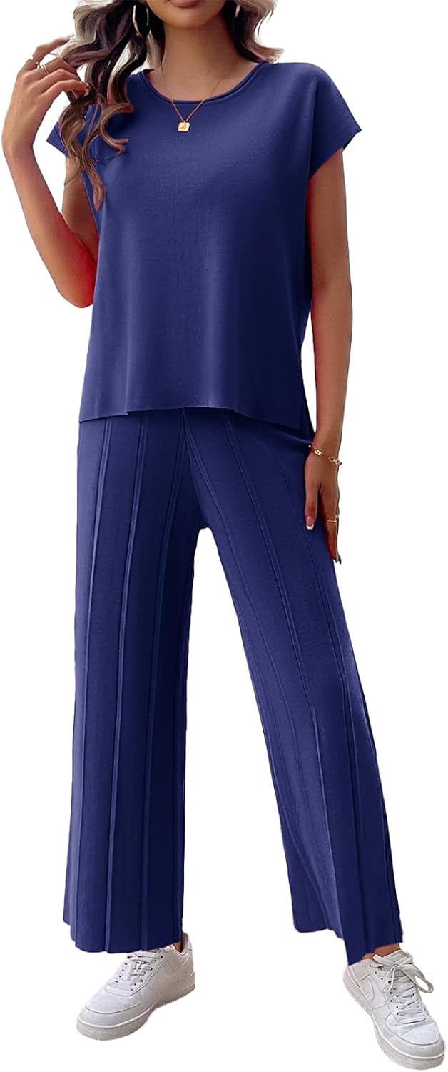 Womens 2 Pieces Lounge Sets Knit Sweater Sets Casual Cap Sleeve Tops with Wide Leg Pants Tracksuits