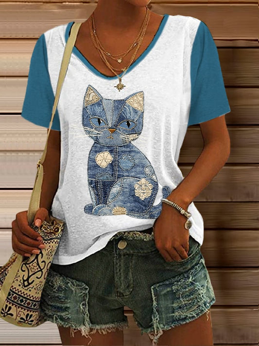 Women's Retro Animal Cat Print T-Shirt