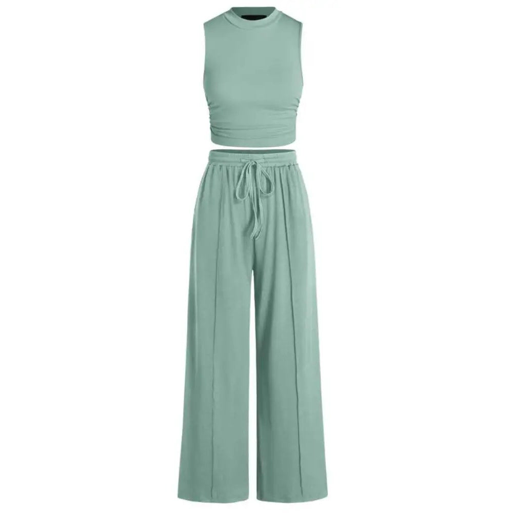 Women's Summer 2-Piece Outfits - Ribbed Knit Crew Neck Sleeveless Cropped Top & Wide Leg Pants Lounge Set