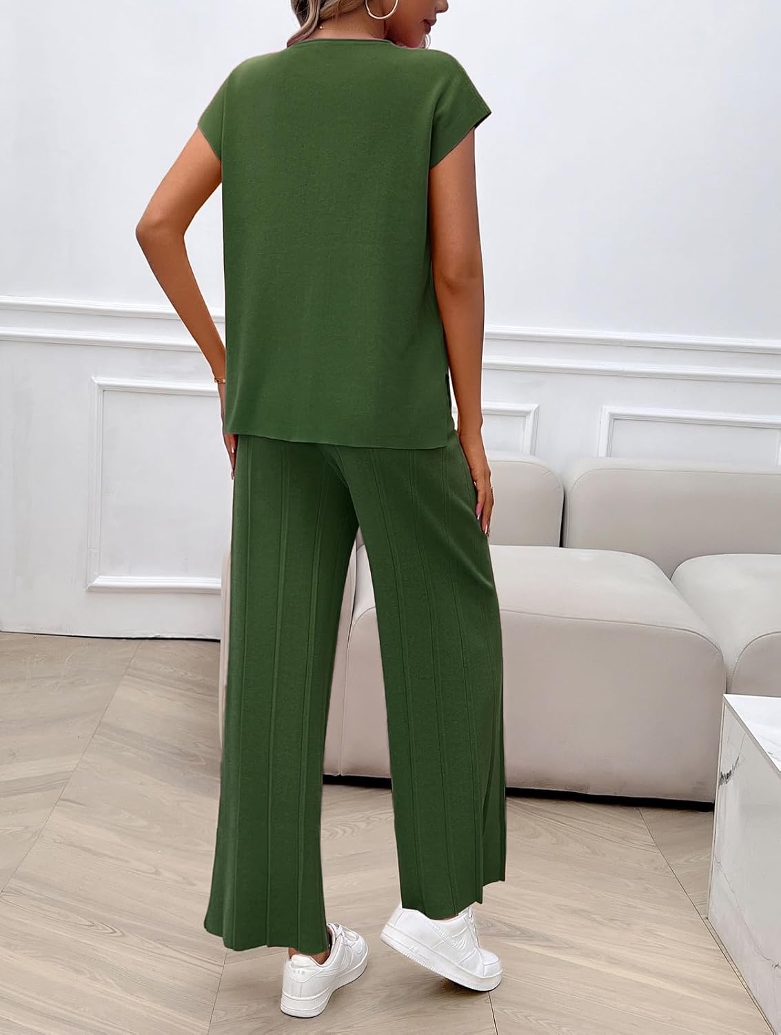 Womens 2 Pieces Lounge Sets Knit Sweater Sets Casual Cap Sleeve Tops with Wide Leg Pants Tracksuits