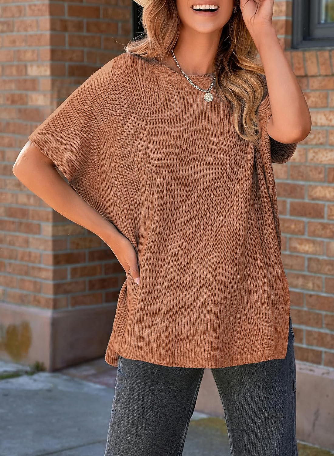 Womens Tops Crewneck Short Sleeve Sweater Causal Tunic Tops Lightweight Summer Sweaters for Women