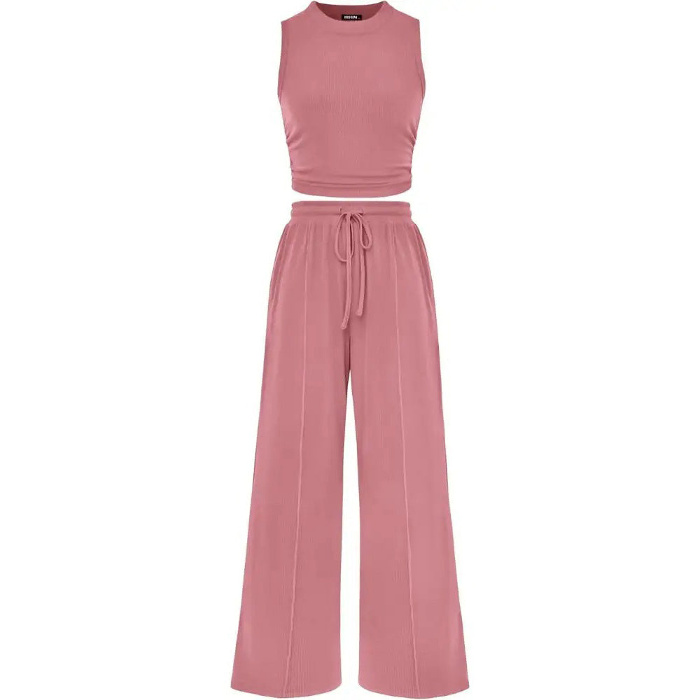 Women's Summer 2-Piece Outfits - Ribbed Knit Crew Neck Sleeveless Cropped Top & Wide Leg Pants Lounge Set