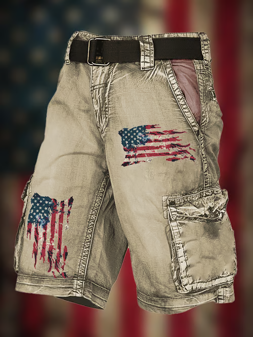 Men's Vintage Flag Independence Day Multi-Pocket Print Cargo Shorts (Belt Included)