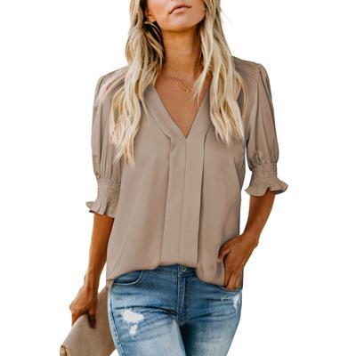 Womens Vneck T Shirts Tops Casual Ruffle Short Sleeve Blouses Boho Floral Graphic Solid