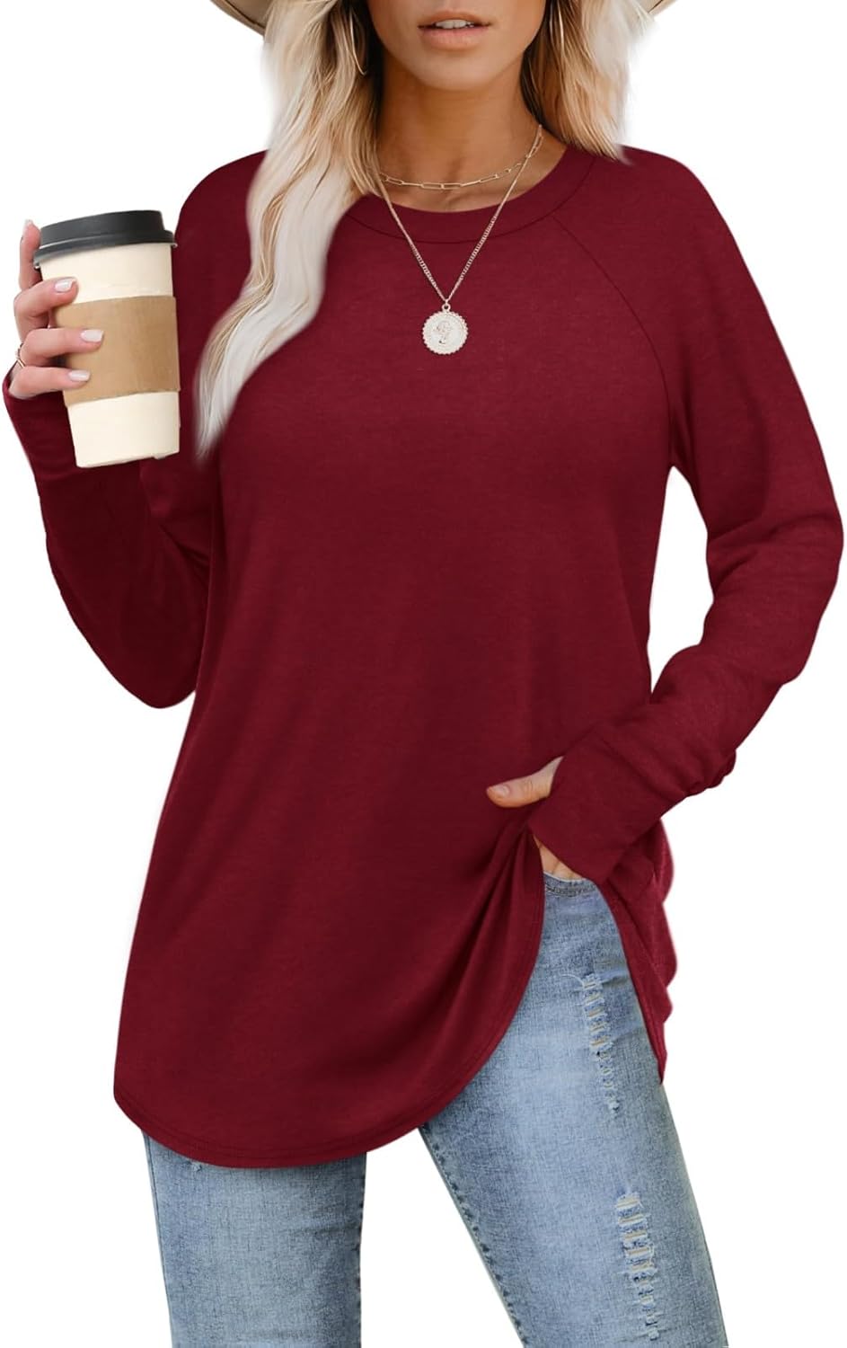 Womens Tunic Tops to Wear with Leggings Long Sleeve Thumb Hole Shirts Crew Neck Curved Hem Fall Winter Clothes