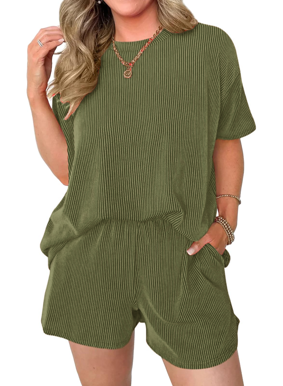 Women's Pocket Casual Short Sleeve T-shirt & Elastic Waist Shorts, Ribbed 2 Piece Sets