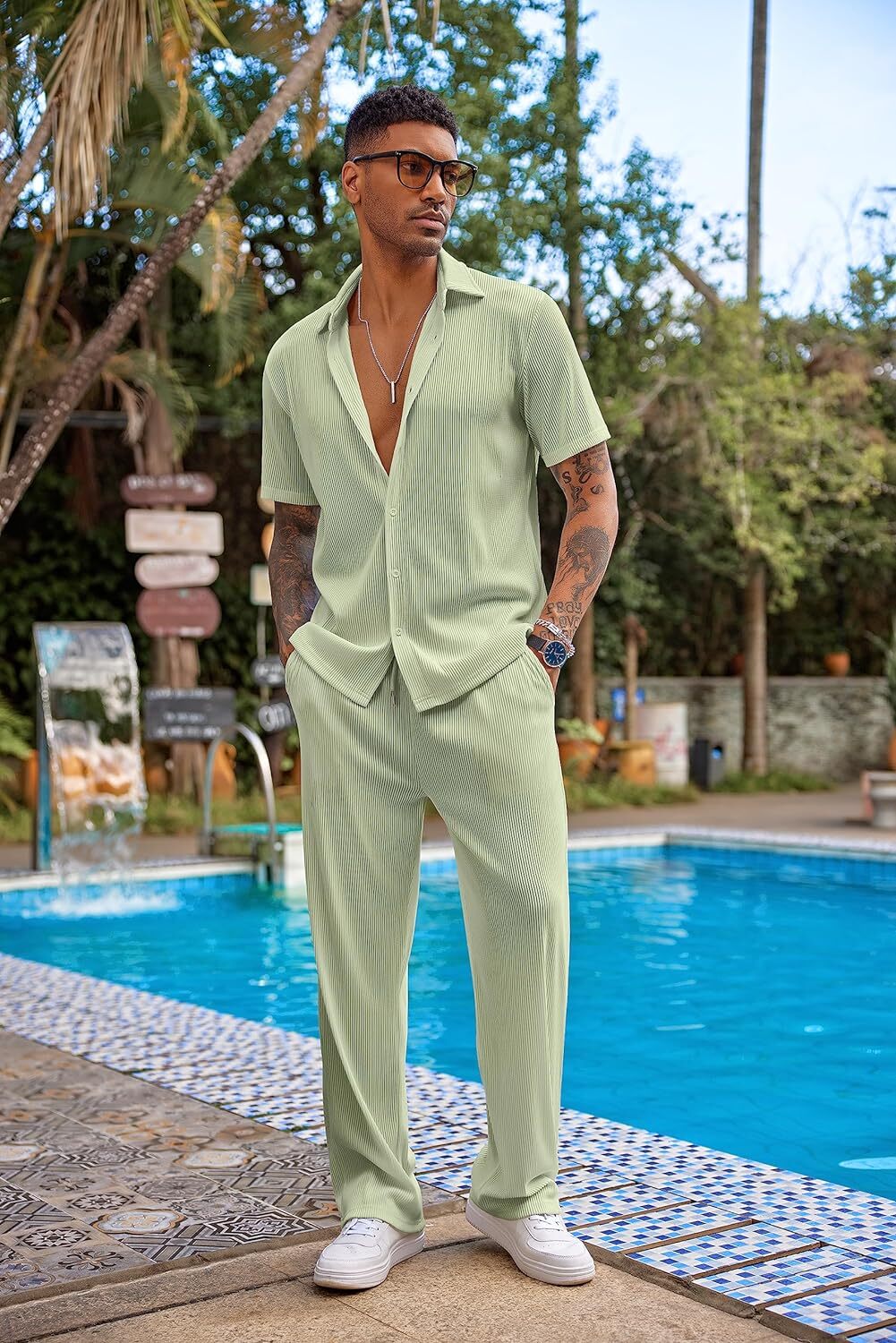 Men's 2 Piece Outfit Casual Short Sleeve Button Down Shirt Beach Summer Loose Pant Sets