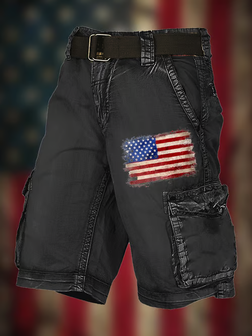 Men's Vintage Flag Independence Day Multi-Pocket Print Cargo Shorts (Belt Included)