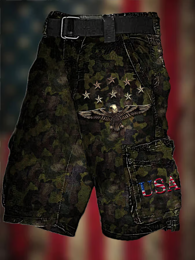 Men's Vintage Flag Independence Day Multi-Pocket Print Cargo Shorts (Belt Included)