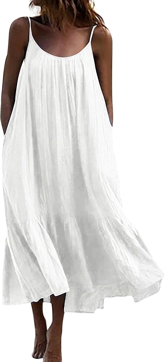 Summer Dresses Loose Fit Sleeveless Spaghetti Strap Asymmetric Tiered Maxi Dress Baggy