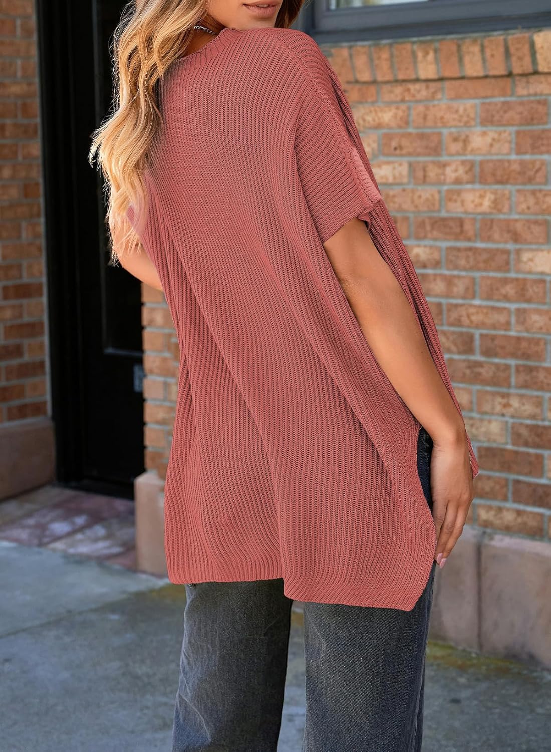 Womens Tops Crewneck Short Sleeve Sweater Causal Tunic Tops Lightweight Summer Sweaters for Women
