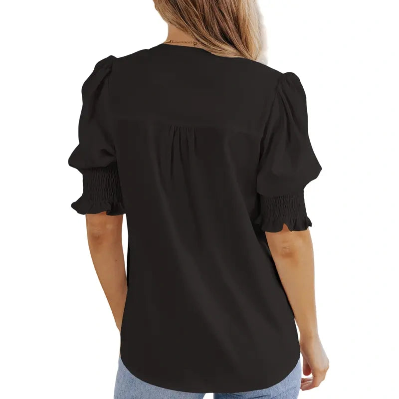 Womens Vneck T Shirts Tops Casual Ruffle Short Sleeve Blouses Boho Floral Graphic Solid