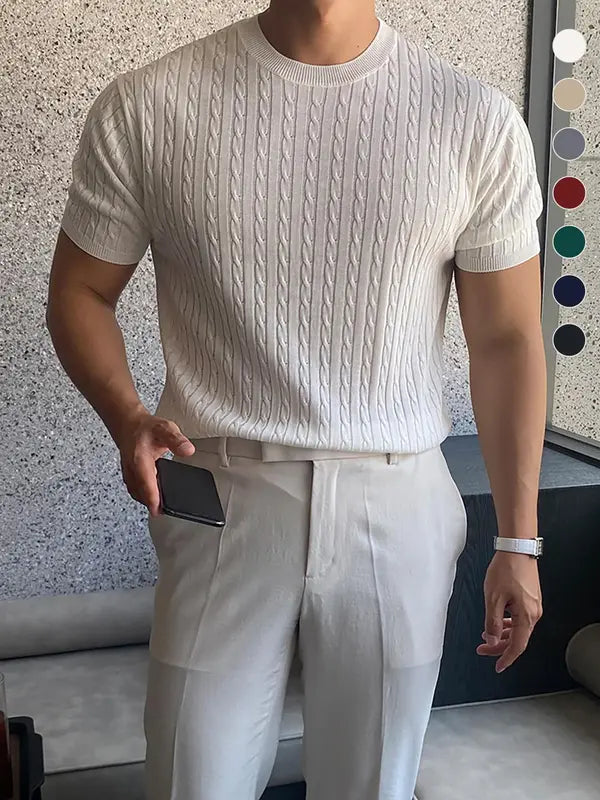 Summer Clothes Men's Plain Round Neck Cable Knit Shortsleeve Top, Slim Casual Crew Neck Knitwear for Spring & Summer, Menswear for Daily Wear, National Day Clothing