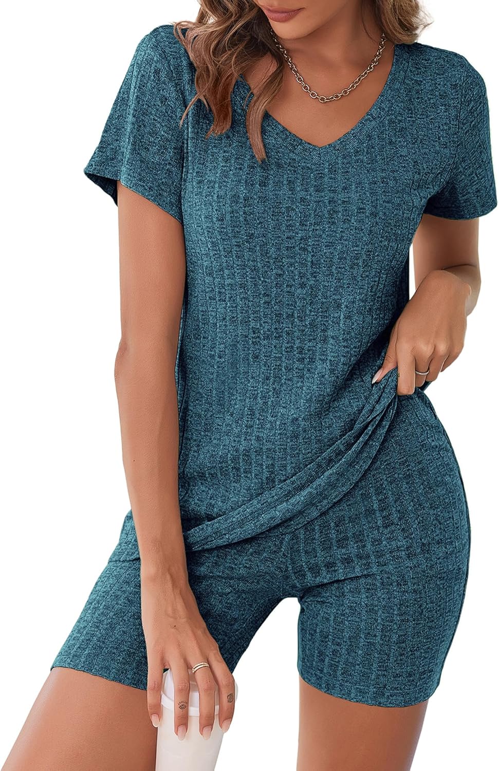 Biker Short Sets Women 2 Piece Outfits Ribbed Pajama Short Sleeve Workout Set