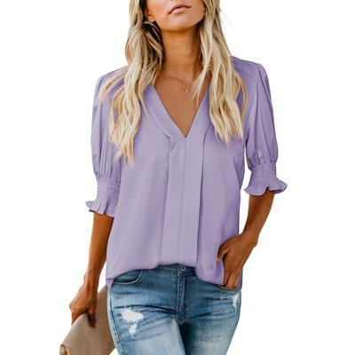 Womens Vneck T Shirts Tops Casual Ruffle Short Sleeve Blouses Boho Floral Graphic Solid