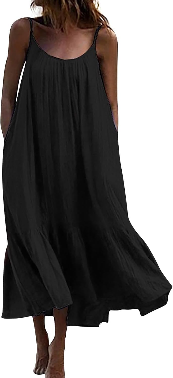 Summer Dresses Loose Fit Sleeveless Spaghetti Strap Asymmetric Tiered Maxi Dress Baggy