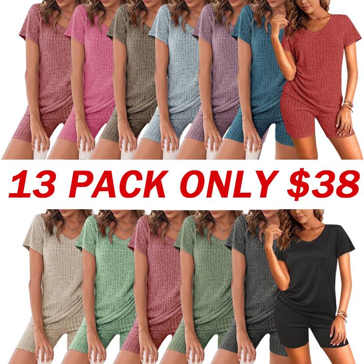 Biker Short Sets Women 2 Piece Outfits Ribbed Pajama Short Sleeve Workout Set