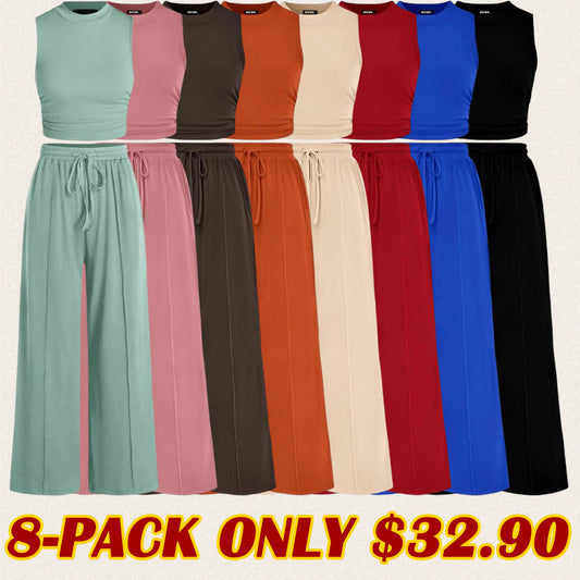 Women's Summer 2-Piece Outfits - Ribbed Knit Crew Neck Sleeveless Cropped Top & Wide Leg Pants Lounge Set