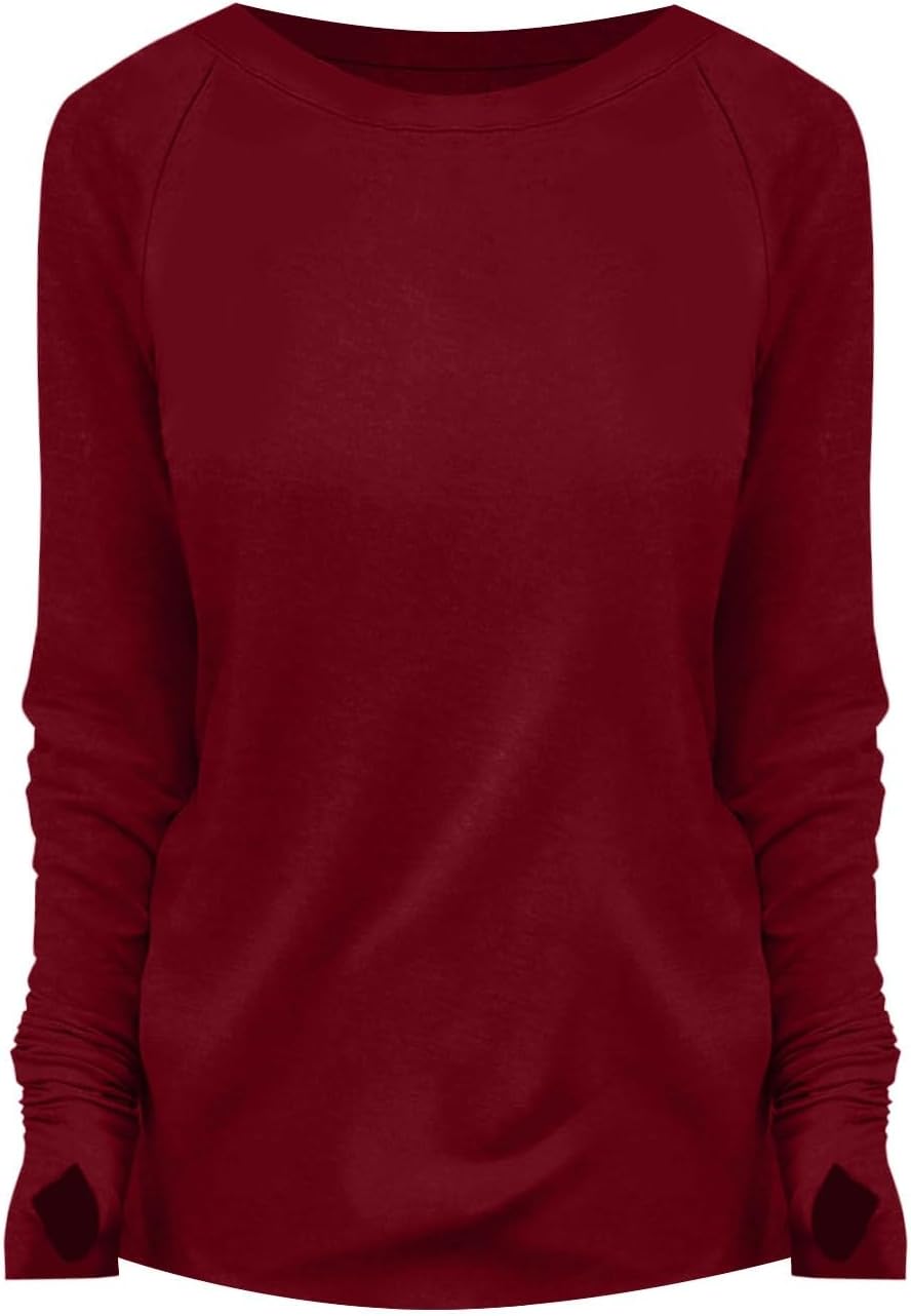Womens Tunic Tops to Wear with Leggings Long Sleeve Thumb Hole Shirts Crew Neck Curved Hem Fall Winter Clothes