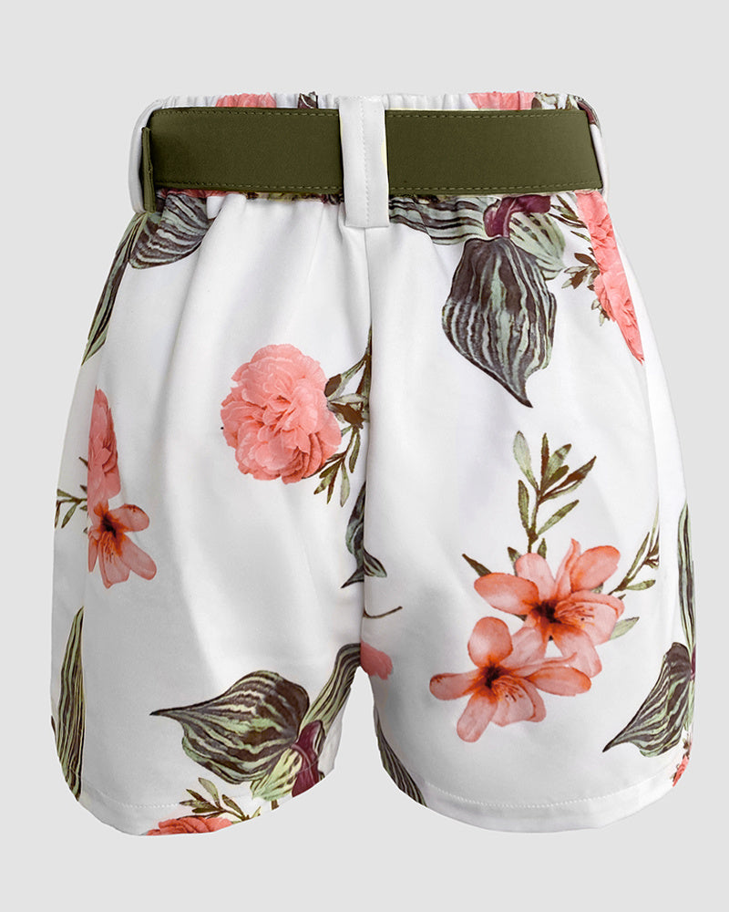 2 Pieces Outfits Notched Collar Long Sleeve Blazer & Floral Print Shorts Set With Belt