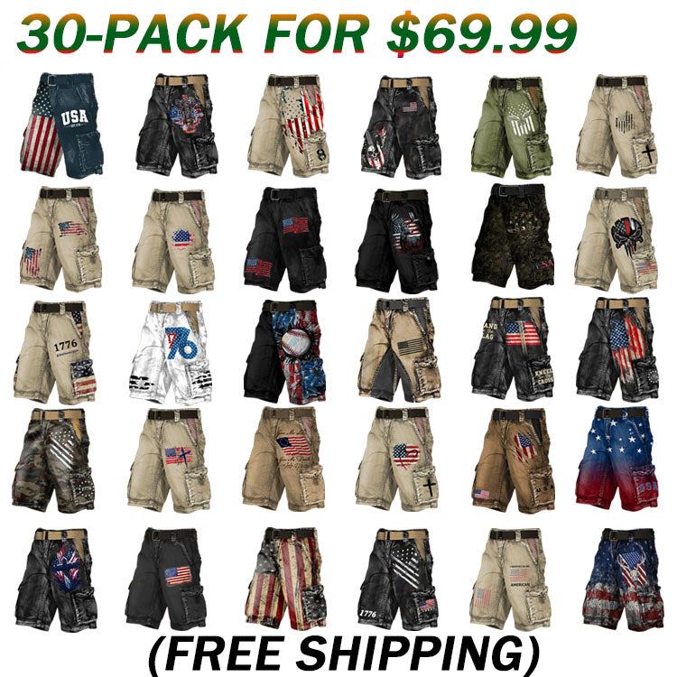 Men's Vintage Flag Independence Day Multi-Pocket Print Cargo Shorts (Belt Included)