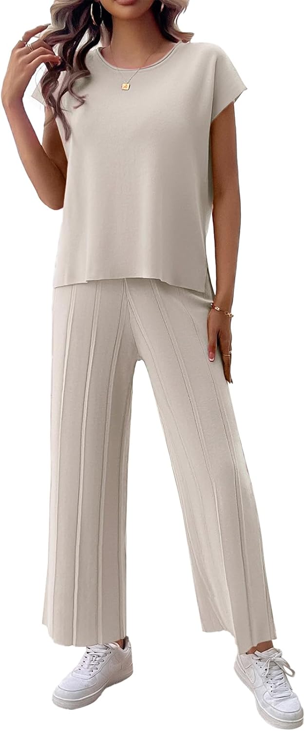 Womens 2 Pieces Lounge Sets Knit Sweater Sets Casual Cap Sleeve Tops with Wide Leg Pants Tracksuits