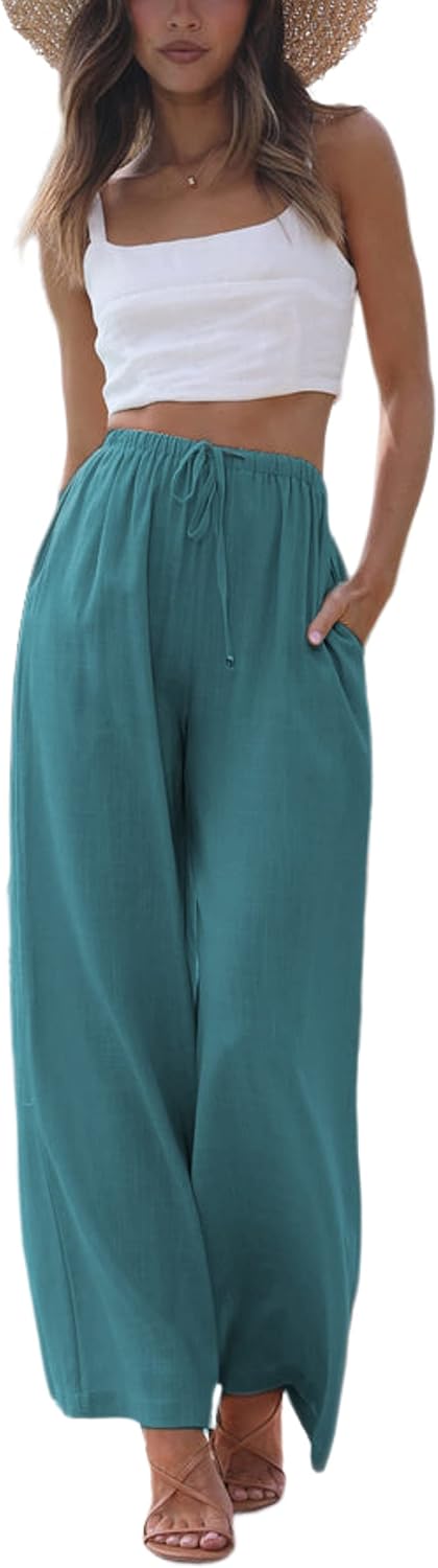 Women's Cotton Linen Summer Palazzo Pants Flowy Wide Leg Beach Trousers with Pockets