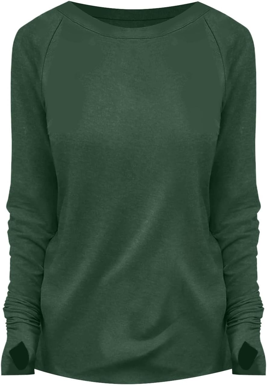 Womens Tunic Tops to Wear with Leggings Long Sleeve Thumb Hole Shirts Crew Neck Curved Hem Fall Winter Clothes