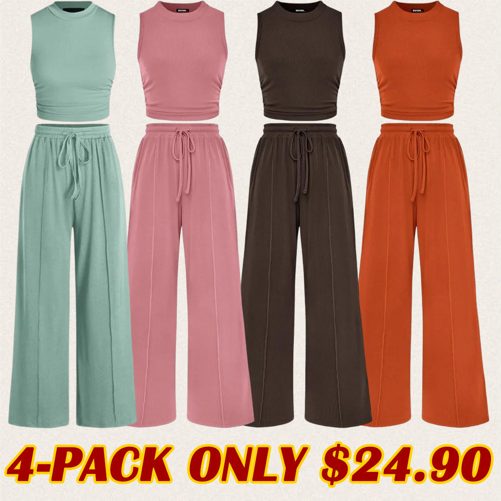 Women's Summer 2-Piece Outfits - Ribbed Knit Crew Neck Sleeveless Cropped Top & Wide Leg Pants Lounge Set