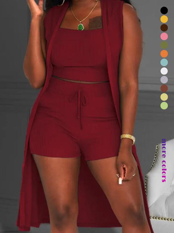 Three-Piece Set Women's Solid Ribbed Co-ord Set, Casual Crop Tank Top & Drawstring Waist Shorts & Vest Coat Set for Daily Wear, Summer Clothes, Chic Women's Clothing