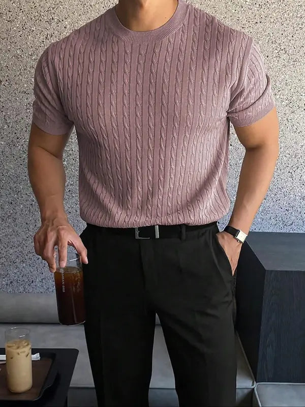 Summer Clothes Men's Plain Round Neck Cable Knit Shortsleeve Top, Slim Casual Crew Neck Knitwear for Spring & Summer, Menswear for Daily Wear, National Day Clothing