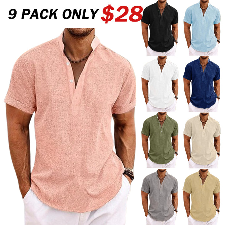 Men's Shirt Linen Shirt Band Collar Shirt Popover Shirt Summer Shirt Beach Wear Plain Vacation Casual Black White Yellow Pink Short Sleeve Henley Summer Clothing Apparel