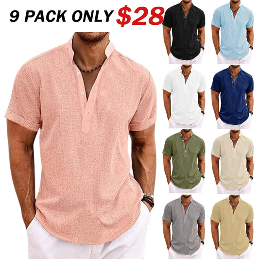 Men's Shirt Linen Shirt Band Collar Shirt Popover Shirt Summer Shirt Beach Wear Plain Vacation Casual Black White Yellow Pink Short Sleeve Henley Summer Clothing Apparel