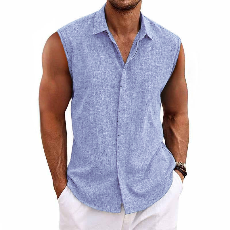 Men's Solid Color Lapel Cotton and Linen Sleeveless Shirt