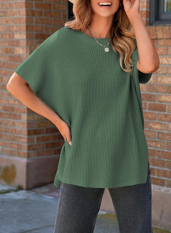 Womens Tops Crewneck Short Sleeve Sweater Causal Tunic Tops Lightweight Summer Sweaters for Women