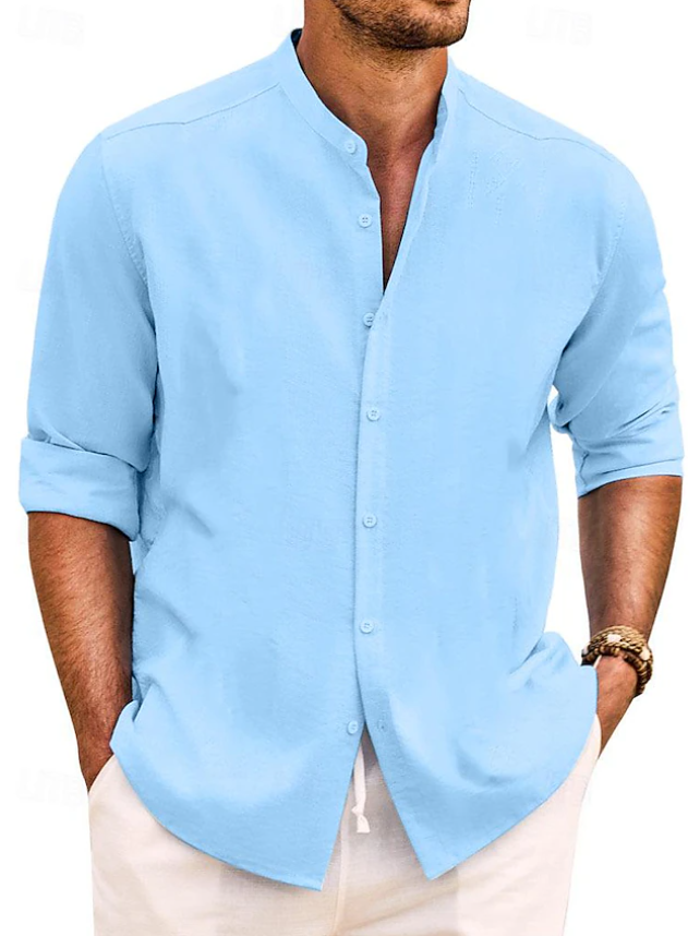 Men's Shirt Band Collar Shirt Summer Shirt Beach Wear Casual Shirt Button Up Shirt Plain Vacation Casual Black White Pink Green Long Sleeve Band Collar Spring & Summer Clothing Apparel