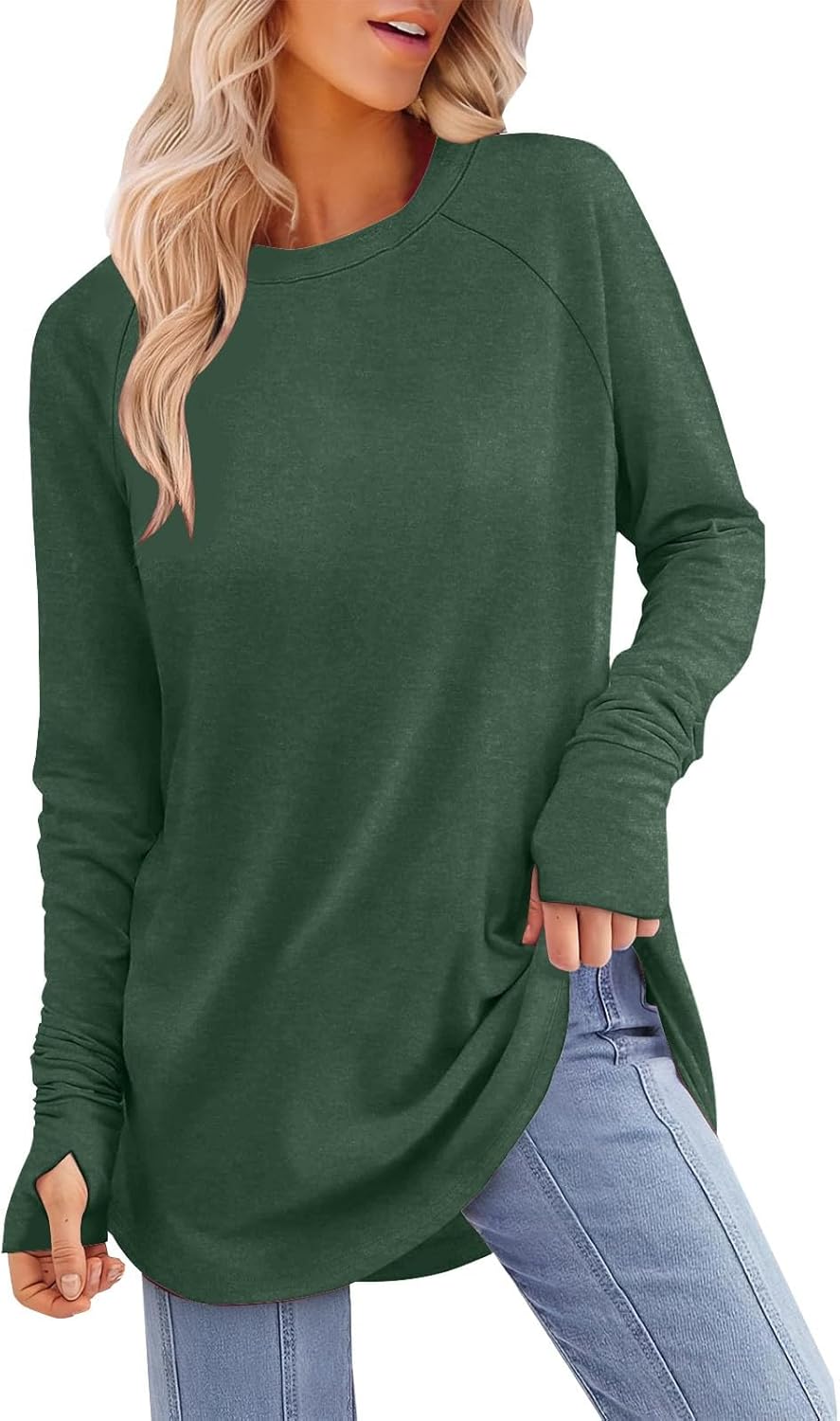 Womens Tunic Tops to Wear with Leggings Long Sleeve Thumb Hole Shirts Crew Neck Curved Hem Fall Winter Clothes