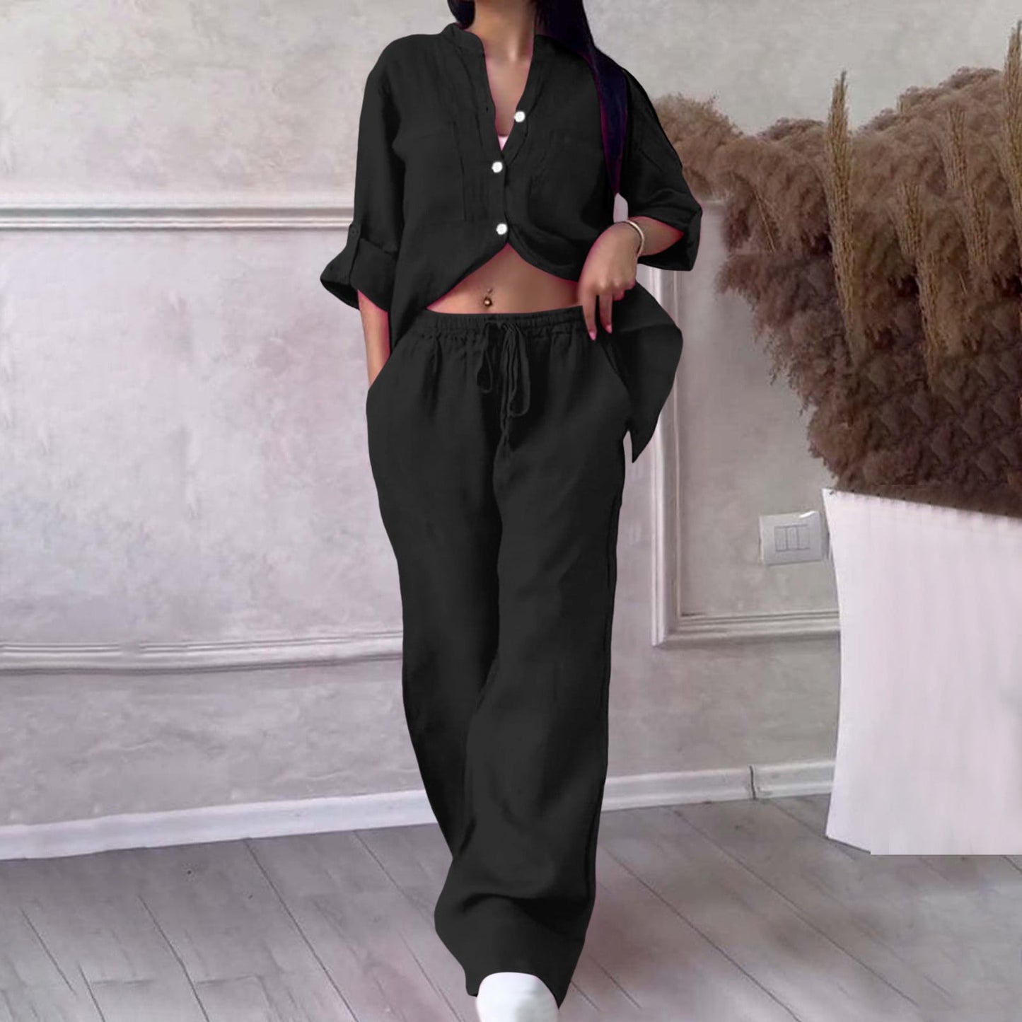 Women's Two Piece 2025 Lapel Long Sleeved Shirt Spring Summer Casual Solid Pants Wide Leg Two Piece Suit Women's Fashion Business Suit Two Piece Pants Set Women Trousers Suit Outfits for Women Girls