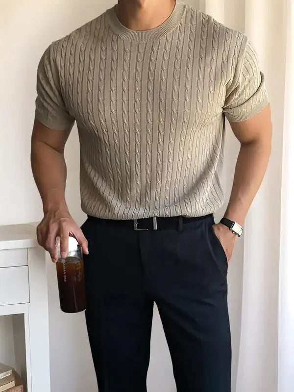 Summer Clothes Men's Plain Round Neck Cable Knit Shortsleeve Top, Slim Casual Crew Neck Knitwear for Spring & Summer, Menswear for Daily Wear, National Day Clothing