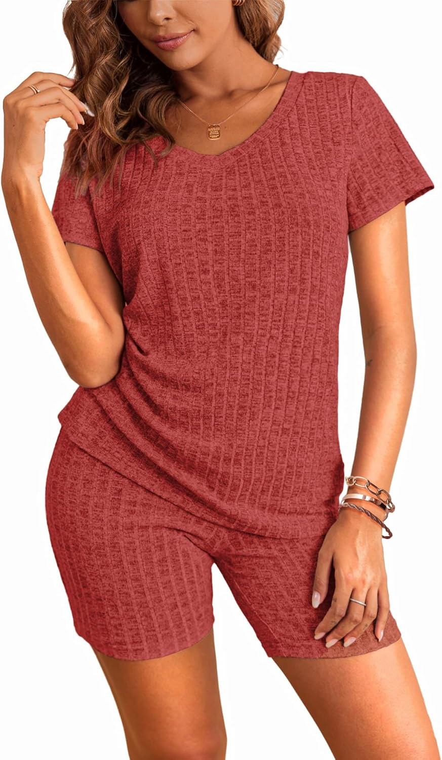 Biker Short Sets Women 2 Piece Outfits Ribbed Pajama Short Sleeve Workout Set