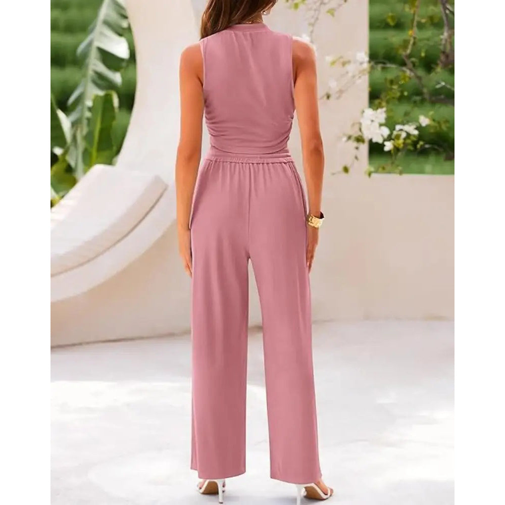 Women's Summer 2-Piece Outfits - Ribbed Knit Crew Neck Sleeveless Cropped Top & Wide Leg Pants Lounge Set