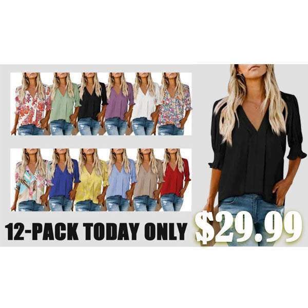 Womens Vneck T Shirts Tops Casual Ruffle Short Sleeve Blouses Boho Floral Graphic Solid