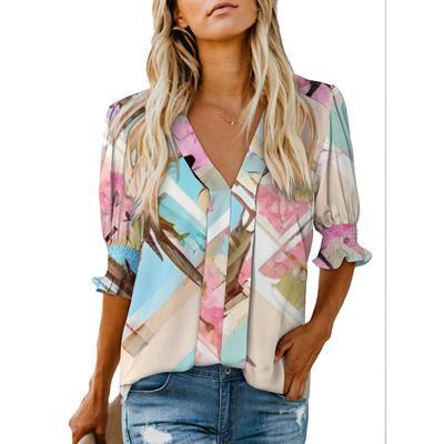 Womens Vneck T Shirts Tops Casual Ruffle Short Sleeve Blouses Boho Floral Graphic Solid