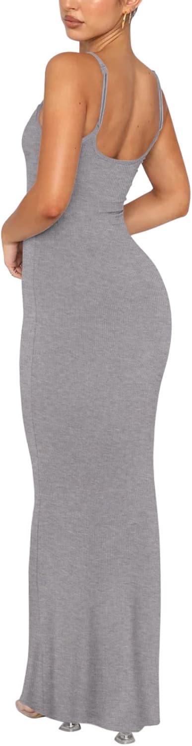 Women's Basic Sexy Lounge Slip Long Dress Elegant Sleeveless Backless Ribbed Bodycon Maxi Dresses