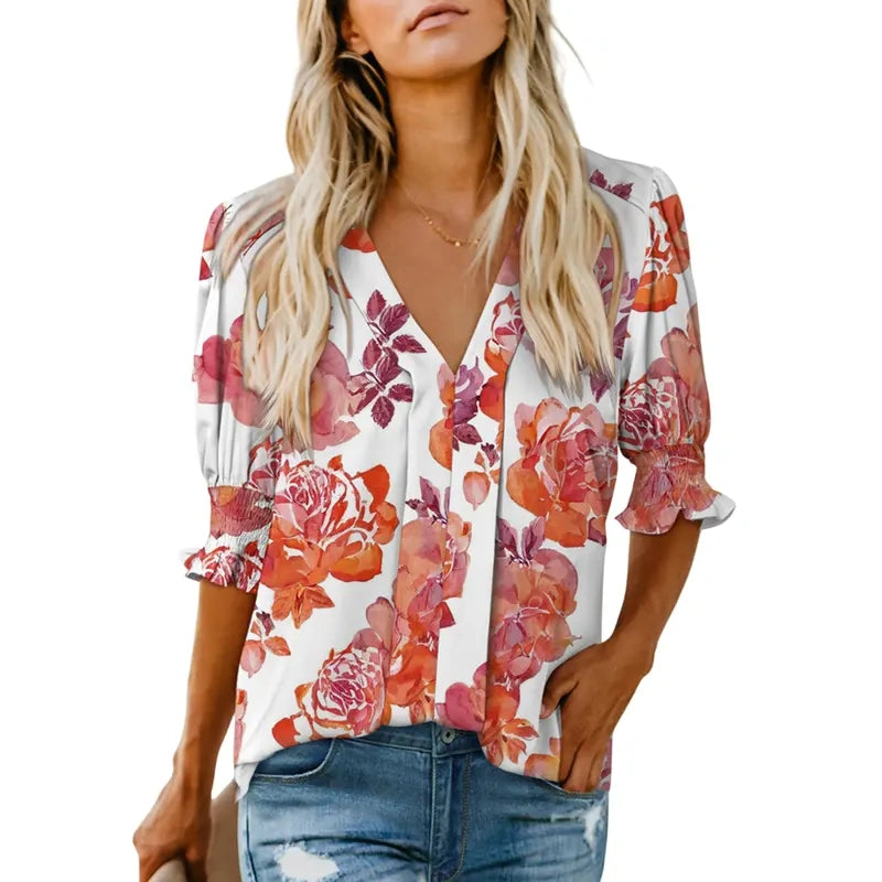 Womens Vneck T Shirts Tops Casual Ruffle Short Sleeve Blouses Boho Floral Graphic Solid